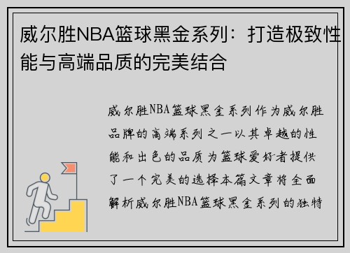 威尔胜NBA篮球黑金系列：打造极致性能与高端品质的完美结合