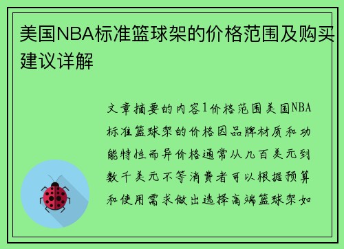 美国NBA标准篮球架的价格范围及购买建议详解