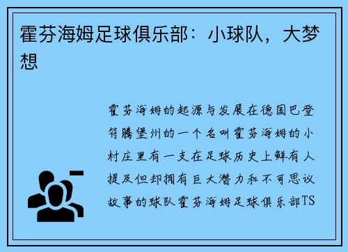霍芬海姆足球俱乐部：小球队，大梦想