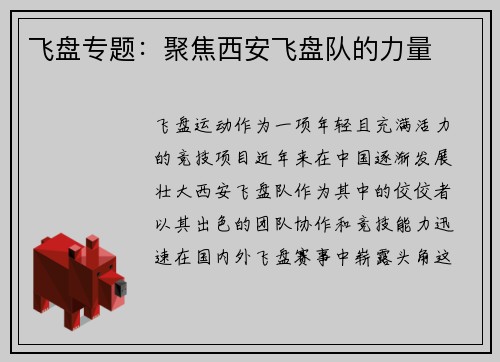 飞盘专题：聚焦西安飞盘队的力量