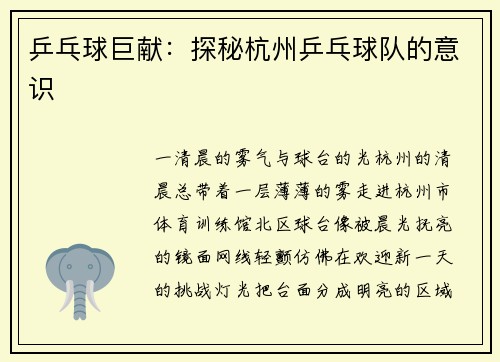 乒乓球巨献：探秘杭州乒乓球队的意识
