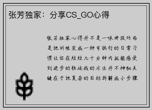 张芳独家：分享CS_GO心得