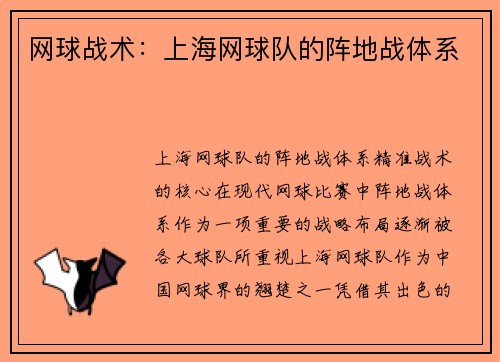 网球战术：上海网球队的阵地战体系