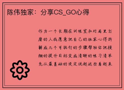 陈伟独家：分享CS_GO心得